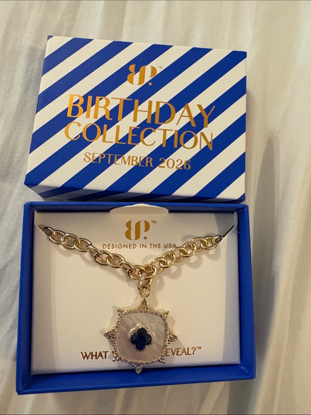 Gold Chain Necklace with Blue Stone Pendant - Birthday Collection